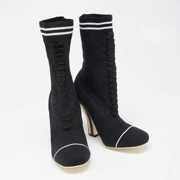 مملوكة مسبقًا Fendi Black/White  Knit Fabric Rockoko Runway Openwork Ankle Boots Size 36.5