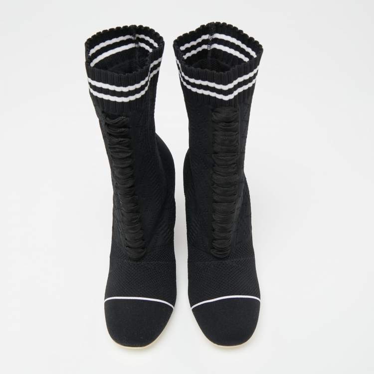 مملوكة مسبقًا Fendi Black/White  Knit Fabric Rockoko Runway Openwork Ankle Boots Size 36.5