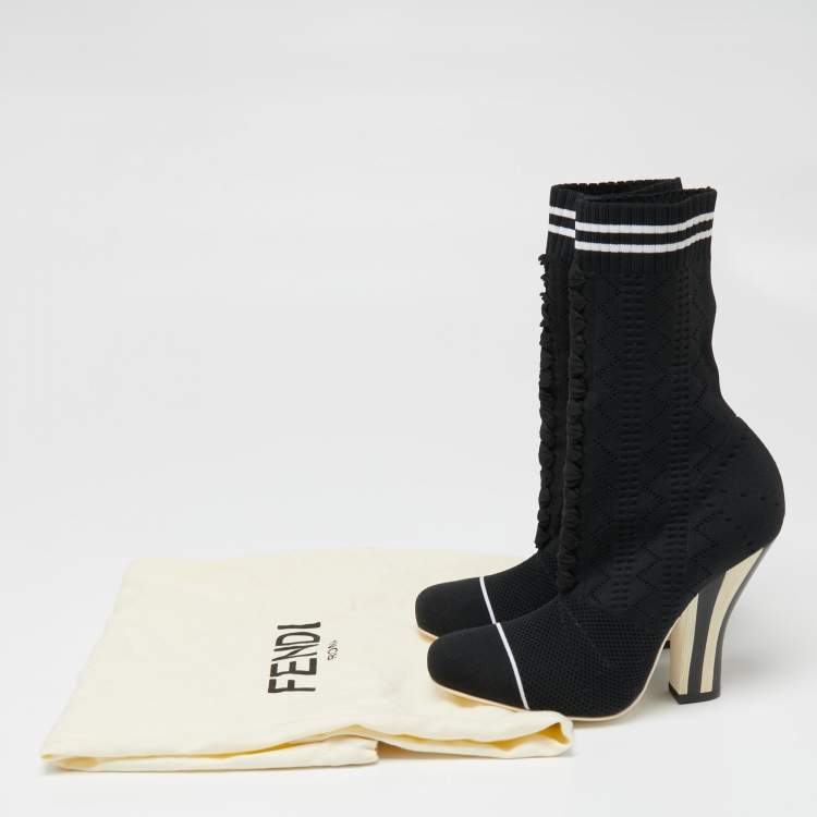 مملوكة مسبقًا Fendi Black/White  Knit Fabric Rockoko Runway Openwork Ankle Boots Size 36.5