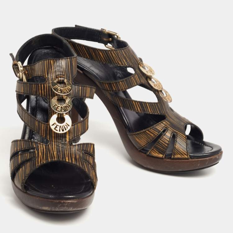 Pre Owned Fendi Green/Black Leather Buckle Ankle Strap  Sandals Size 39