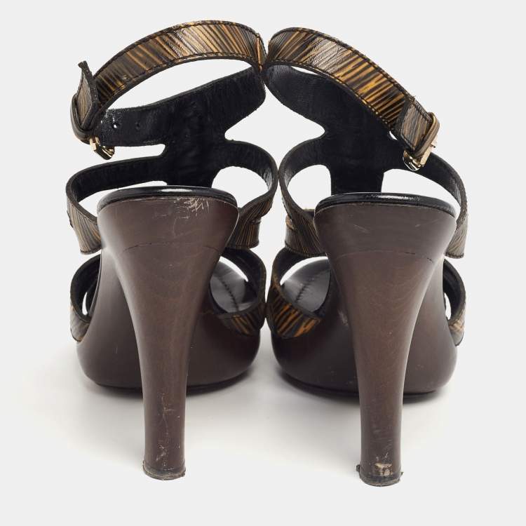 Pre Owned Fendi Green/Black Leather Buckle Ankle Strap  Sandals Size 39