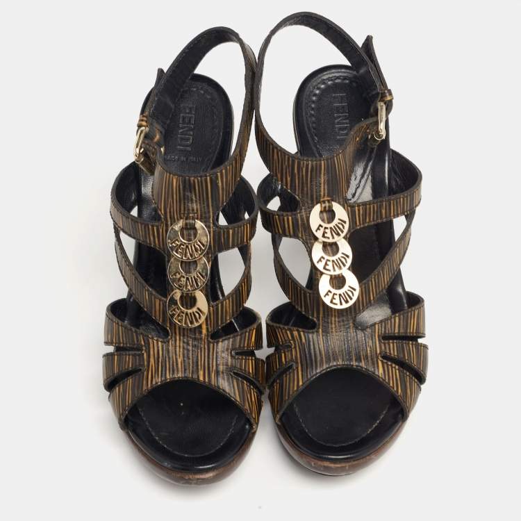 Pre Owned Fendi Green/Black Leather Buckle Ankle Strap  Sandals Size 39