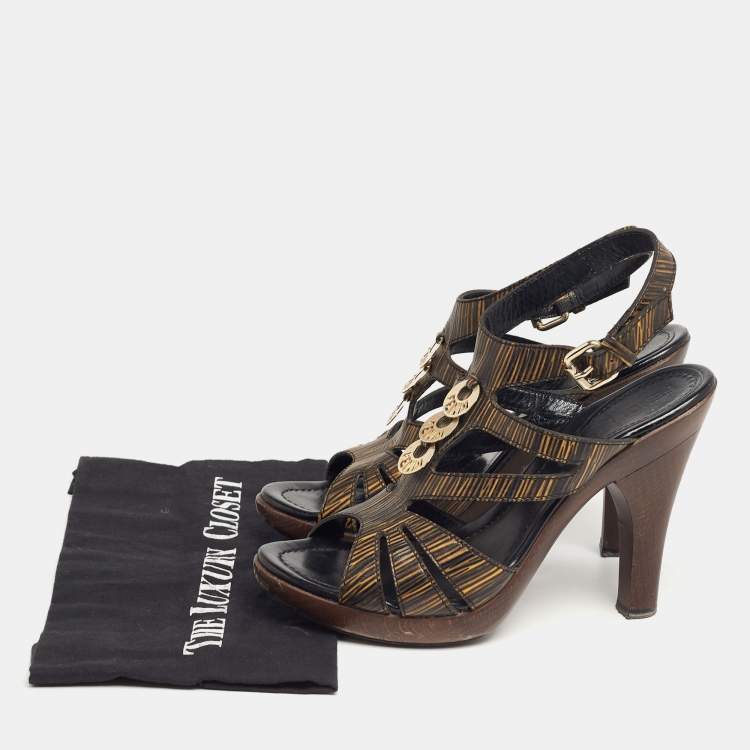Pre Owned Fendi Green/Black Leather Buckle Ankle Strap  Sandals Size 39