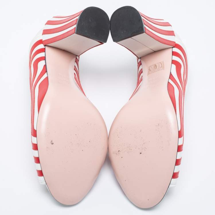 Pre Owned Fendi White/Red Striped Leather Peep-Toe Pumps Size 39.5