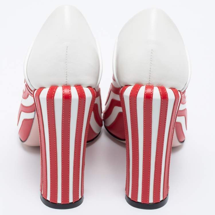 Pre Owned Fendi White/Red Striped Leather Peep-Toe Pumps Size 39.5