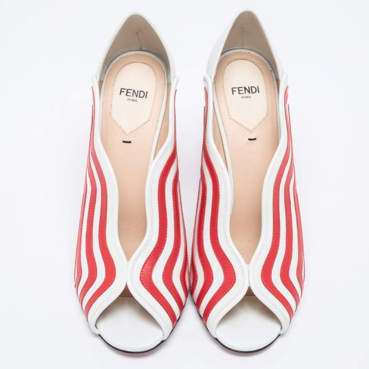 Pre Owned Fendi White/Red Striped Leather Peep-Toe Pumps Size 39.5