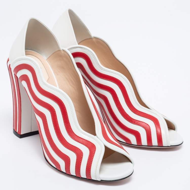 Pre Owned Fendi White/Red Striped Leather Peep-Toe Pumps Size 39.5