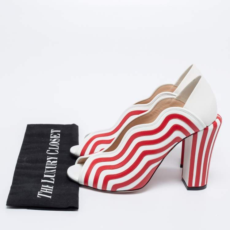 Pre Owned Fendi White/Red Striped Leather Peep-Toe Pumps Size 39.5