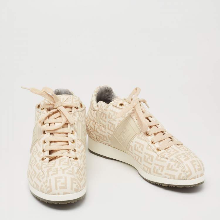 Pre Owned Fendi Beige Zucchino Print Coated Canvas Low-Top Sneakers Size 37.5