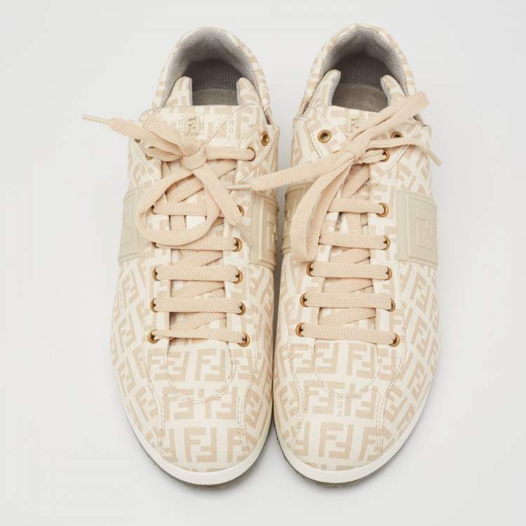 Pre Owned Fendi Beige Zucchino Print Coated Canvas Low-Top Sneakers Size 37.5