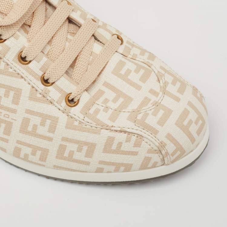 Pre Owned Fendi Beige Zucchino Print Coated Canvas Low-Top Sneakers Size 37.5