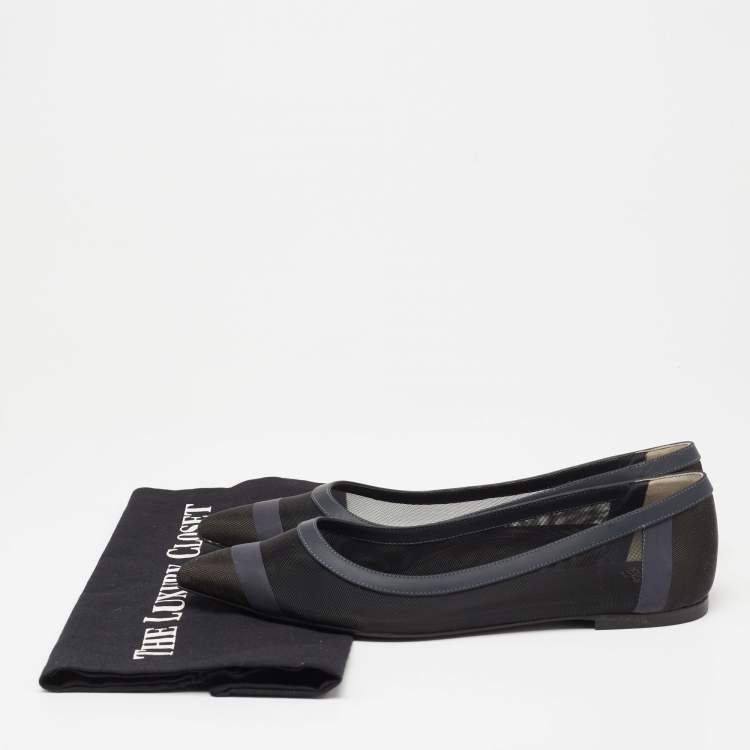 Pre Owned Fendi Navy Blue/Black Mesh And Leather Colibri Ballet Flats Size 38.5