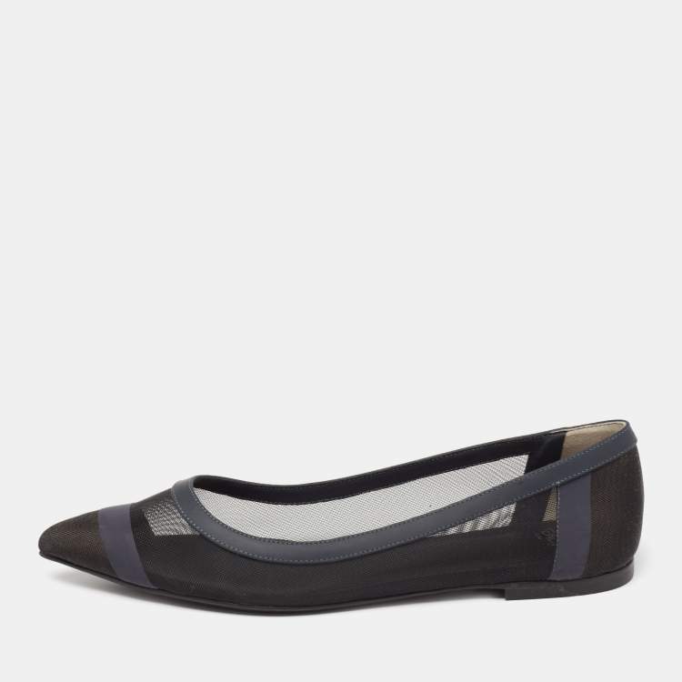 Pre Owned Fendi Navy Blue/Black Mesh And Leather Colibri Ballet Flats Size 38.5