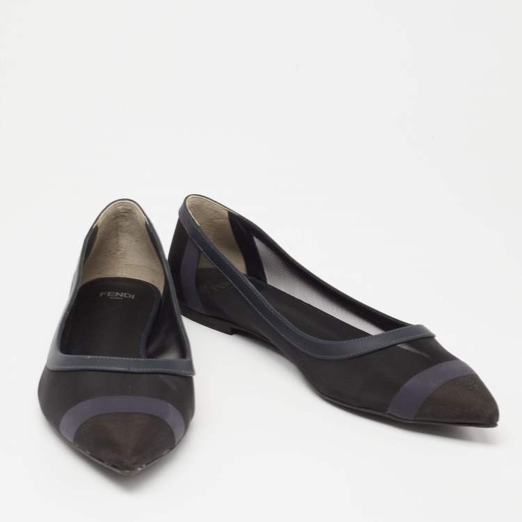 Pre Owned Fendi Navy Blue/Black Mesh And Leather Colibri Ballet Flats Size 38.5