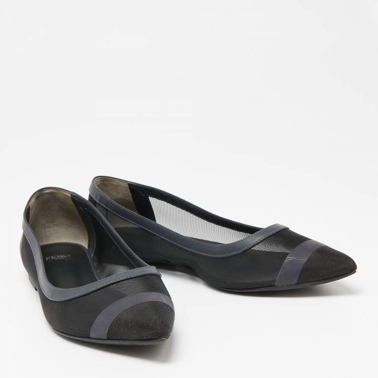 Pre Owned Fendi Blue/Black Mesh And Leather Colibri Ballet Flats Size 38.5