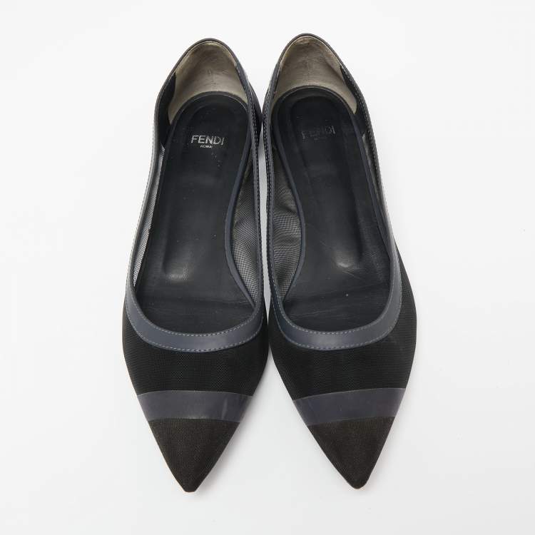Pre Owned Fendi Blue/Black Mesh And Leather Colibri Ballet Flats Size 38.5