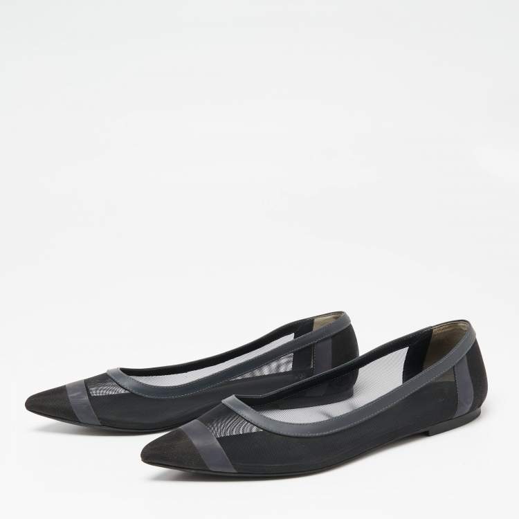 Pre Owned Fendi Blue/Black Mesh And Leather Colibri Ballet Flats Size 38.5