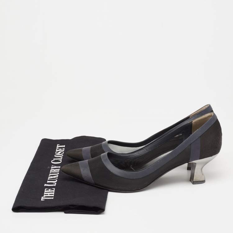 Pre Owned Fendi Blue/Black Mesh And Leather Colibri  Pumps Size 38.5