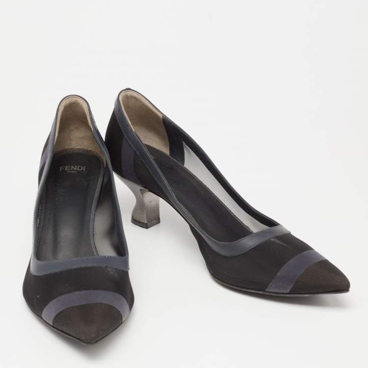 Pre Owned Fendi Blue/Black Mesh And Leather Colibri  Pumps Size 38.5