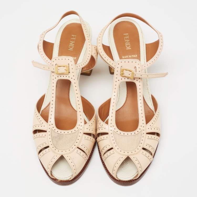 Pre Owned Fendi Beige/Gold Patent And Lizard Embossed Leather Chameleon Block Heel Sandals Size 41