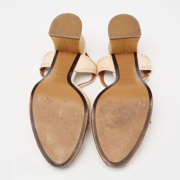 Pre Owned Fendi Beige/Gold Patent And Lizard Embossed Leather Chameleon Block Heel Sandals Size 41