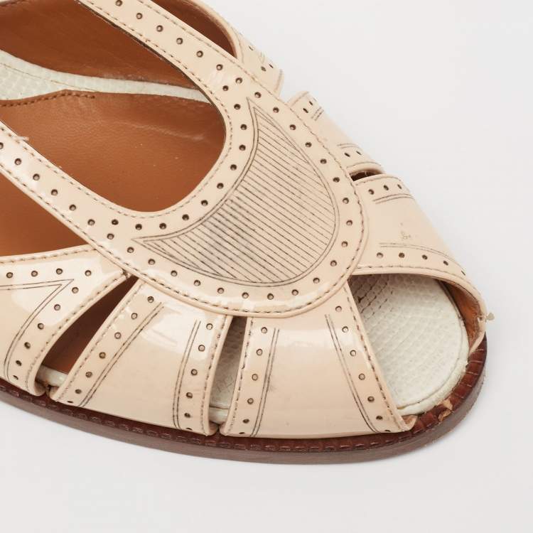 Pre Owned Fendi Beige/Gold Patent And Lizard Embossed Leather Chameleon Block Heel Sandals Size 41