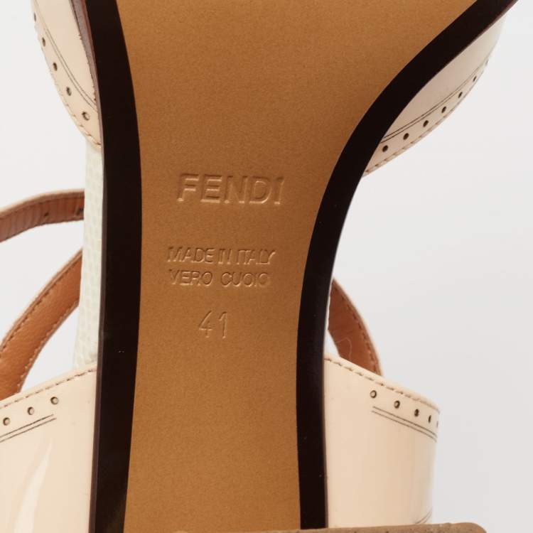 Pre Owned Fendi Beige/Gold Patent And Lizard Embossed Leather Chameleon Block Heel Sandals Size 41
