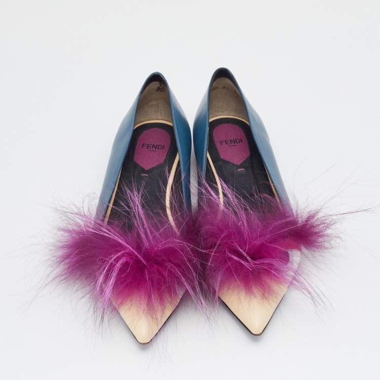 Pre Owned Fendi Multicolor Leather And Fur Monster Eye Pointed Toe Ballet Flats Size 39