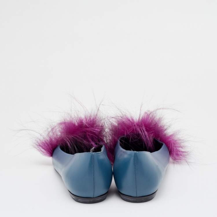 Pre Owned Fendi Multicolor Leather And Fur Monster Eye Pointed Toe Ballet Flats Size 39
