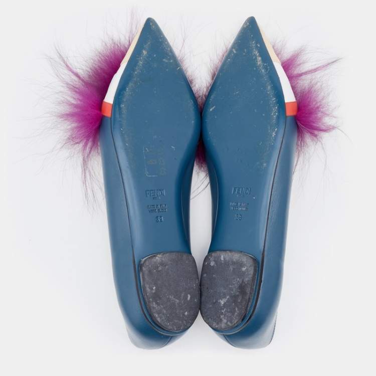 Pre Owned Fendi Multicolor Leather And Fur Monster Eye Pointed Toe Ballet Flats Size 39