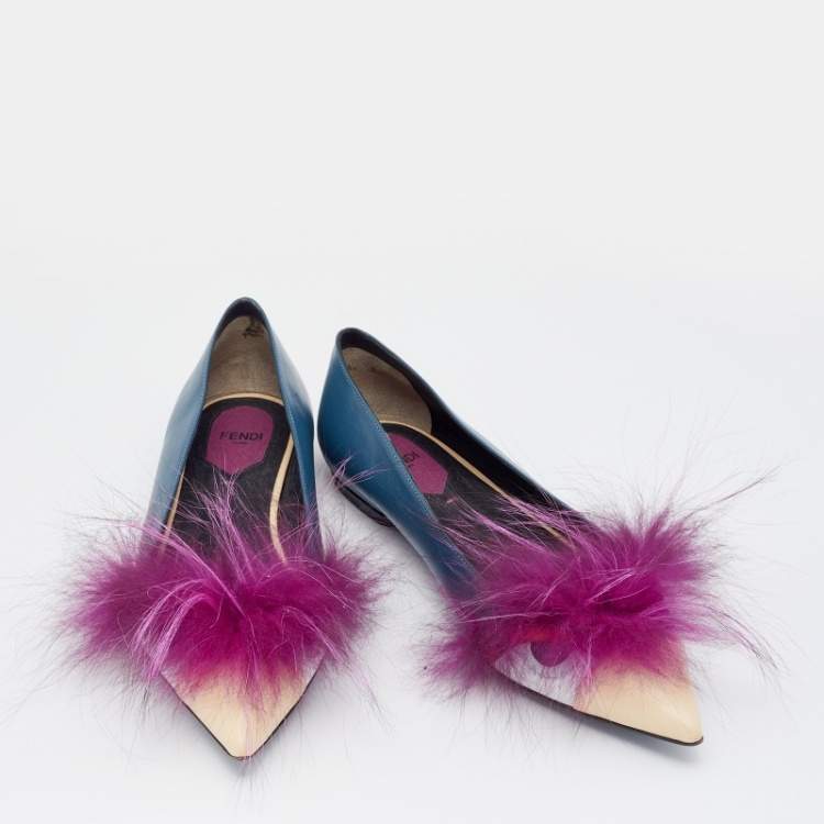 Pre Owned Fendi Multicolor Leather And Fur Monster Eye Pointed Toe Ballet Flats Size 39