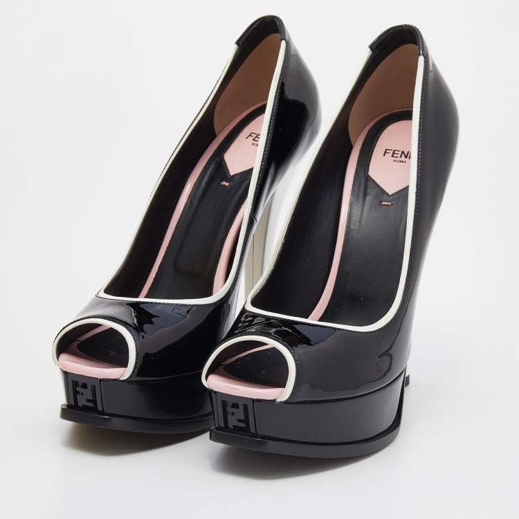 Pre Owned Fendi Black/White Patent Leather Fendista Platform Pumps Size 41