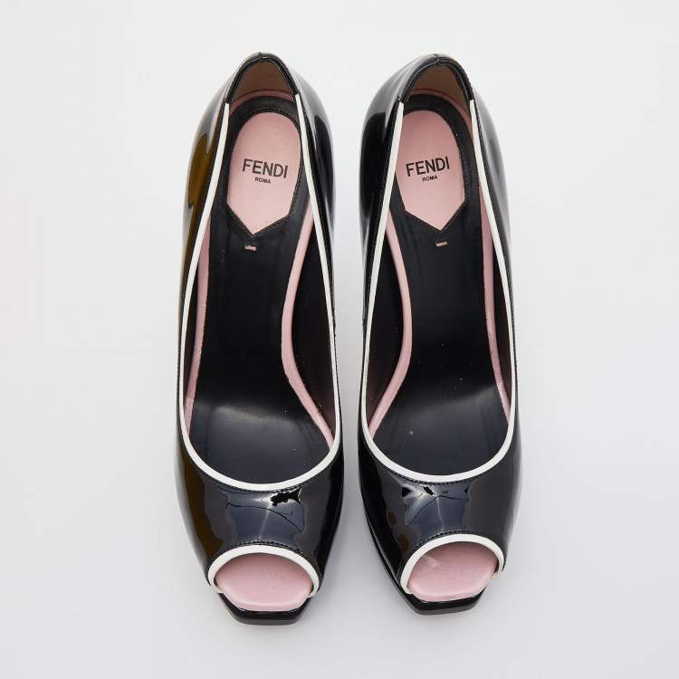 Pre Owned Fendi Black/White Patent Leather Fendista Platform Pumps Size 41