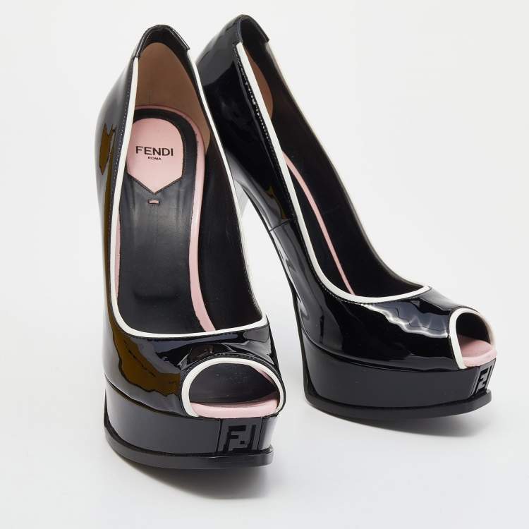 Pre Owned Fendi Black/White Patent Leather Fendista Platform Pumps Size 41