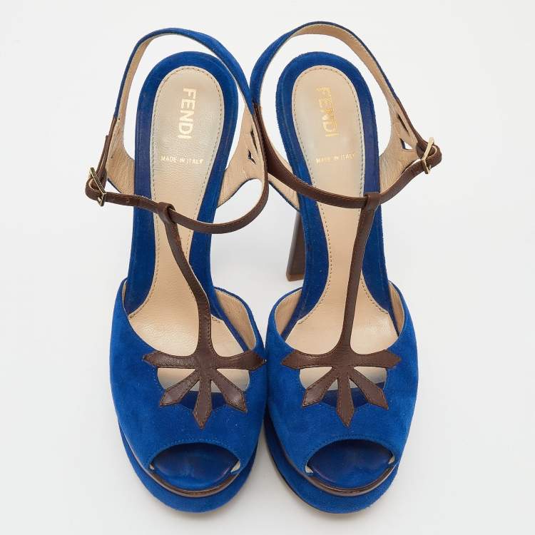 Pre Owned Fendi Blue/Brown Suede and Leather T-Bar Ankle-Strap Platform Sandals Size 38