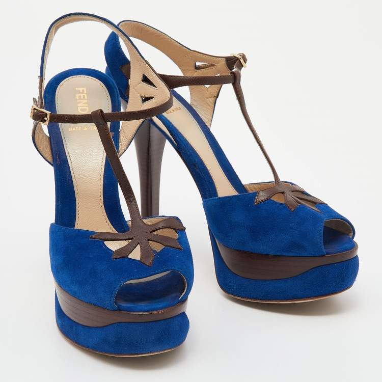 Pre Owned Fendi Blue/Brown Suede and Leather T-Bar Ankle-Strap Platform Sandals Size 38