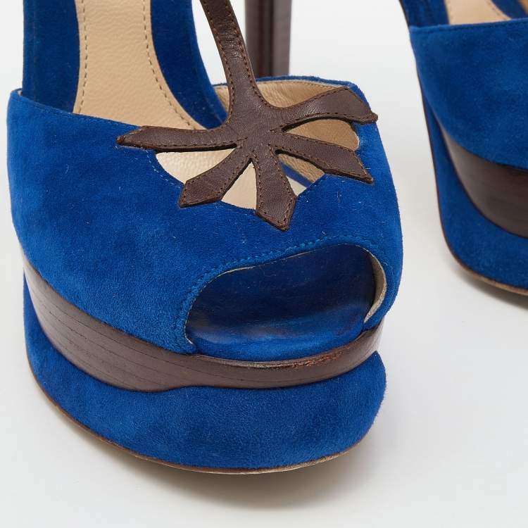 Pre Owned Fendi Blue/Brown Suede and Leather T-Bar Ankle-Strap Platform Sandals Size 38