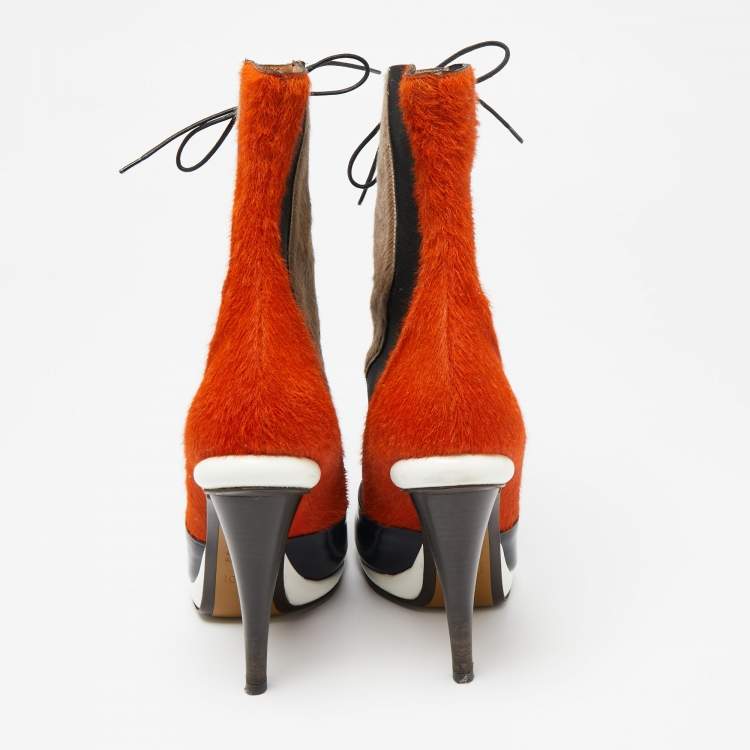 Pre Owned Fendi Multicolor Calf Hair And  Leather Lace Up Ankle Boots Size 40 