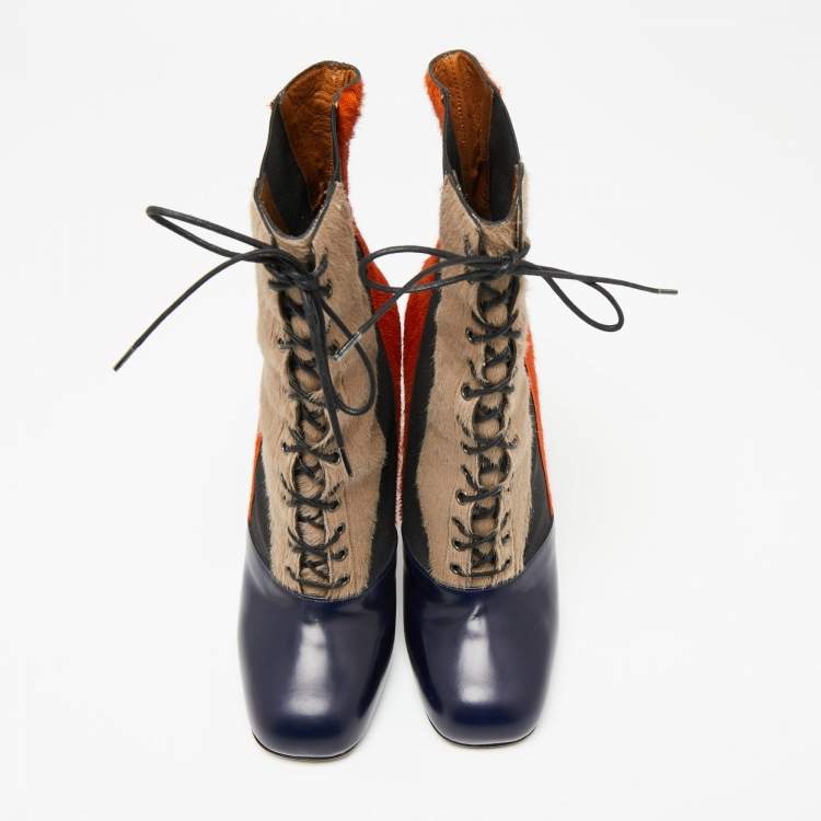 Pre Owned Fendi Multicolor Calf Hair And  Leather Lace Up Ankle Boots Size 40 