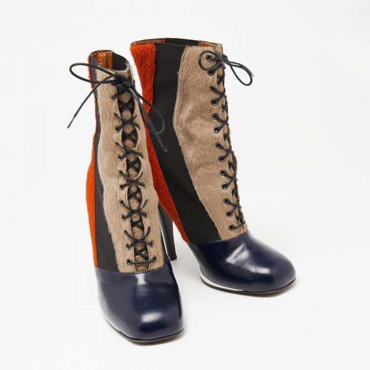 Pre Owned Fendi Multicolor Calf Hair And  Leather Lace Up Ankle Boots Size 40 