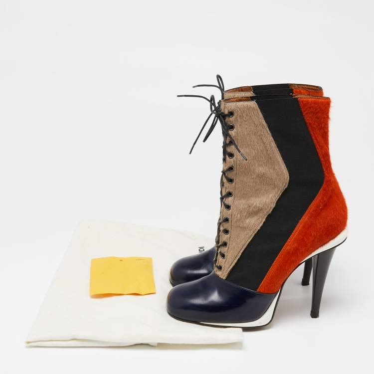 Pre Owned Fendi Multicolor Calf Hair And  Leather Lace Up Ankle Boots Size 40 
