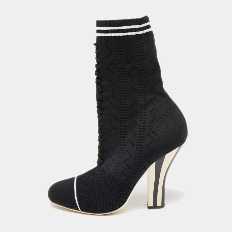 Fendi Black Knit Fabric Rockoko Runway Openwork Ankle Boots Size 40 ...