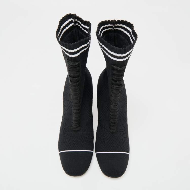 Pre Owned Fendi Black Knit Fabric Rockoko Runway Openwork Ankle Boots Size 40