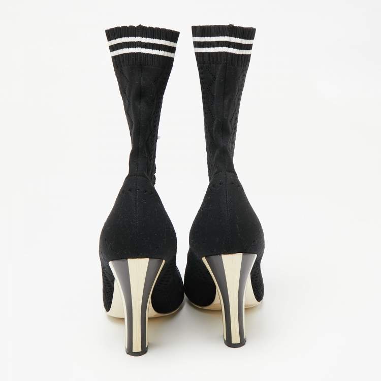 Pre Owned Fendi Black Knit Fabric Rockoko Runway Openwork Ankle Boots Size 40