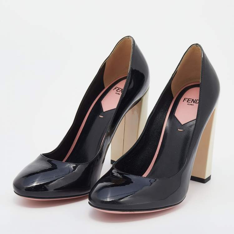 Pre Owned Fendi Black Patent Leather Block Heel Pumps Size 36