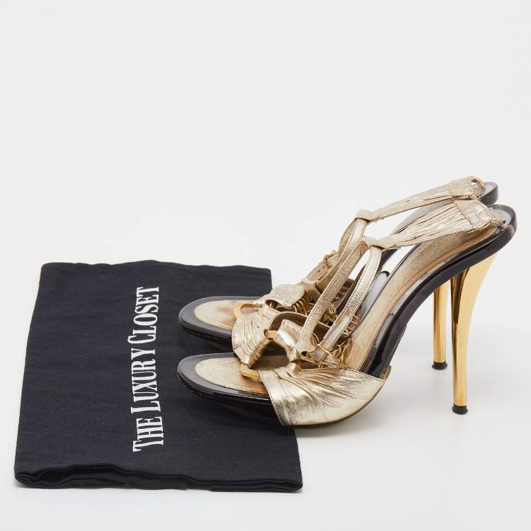 Pre Owned Fendi Metallic Gold Leather Ankle Strap Sandals Size 37.5