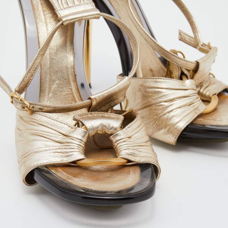Pre Owned Fendi Metallic Gold Leather Ankle Strap Sandals Size 37.5