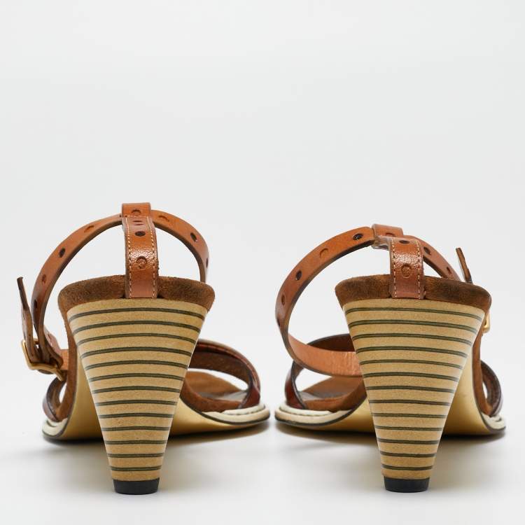 Pre Owned Fendi Tricolor Leather Ankle Strap Sandals Size 37