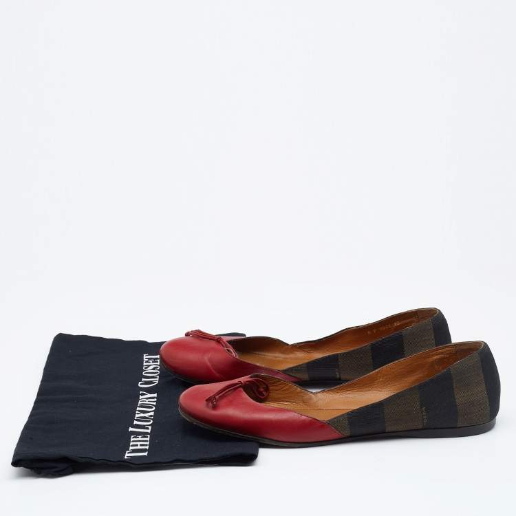 مملوكة مسبقًا Fendi Brown/Red Leather And Canvas Toe Ballet Flats Size 40