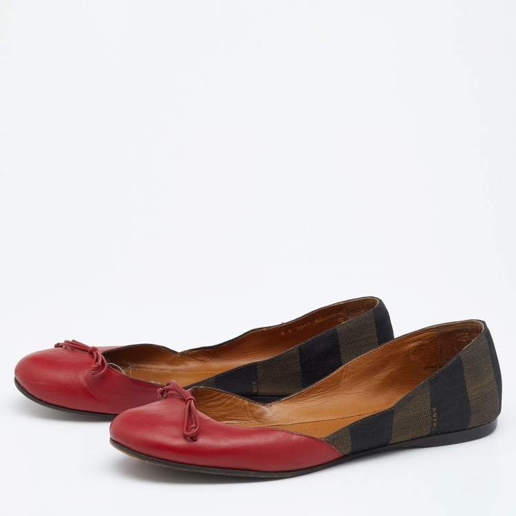 مملوكة مسبقًا Fendi Brown/Red Leather And Canvas Toe Ballet Flats Size 40